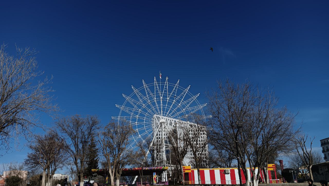 a ferris wheel with trees and buildings in the background